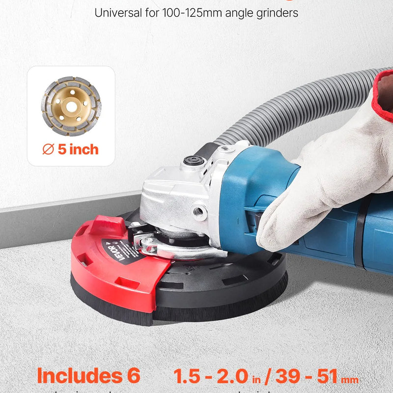 VEVOR slīpēšanas putekļu pārsegs leņķa slīpmašīnai, universāls 100–125 mm, virsmas slīpēšanas putekļu pārsegs ar 6 stiprinājuma paplāksnēm un 125 mm dimanta slīpripu, savienojams ar putekļsūcēju, kokam, betonam, sienām