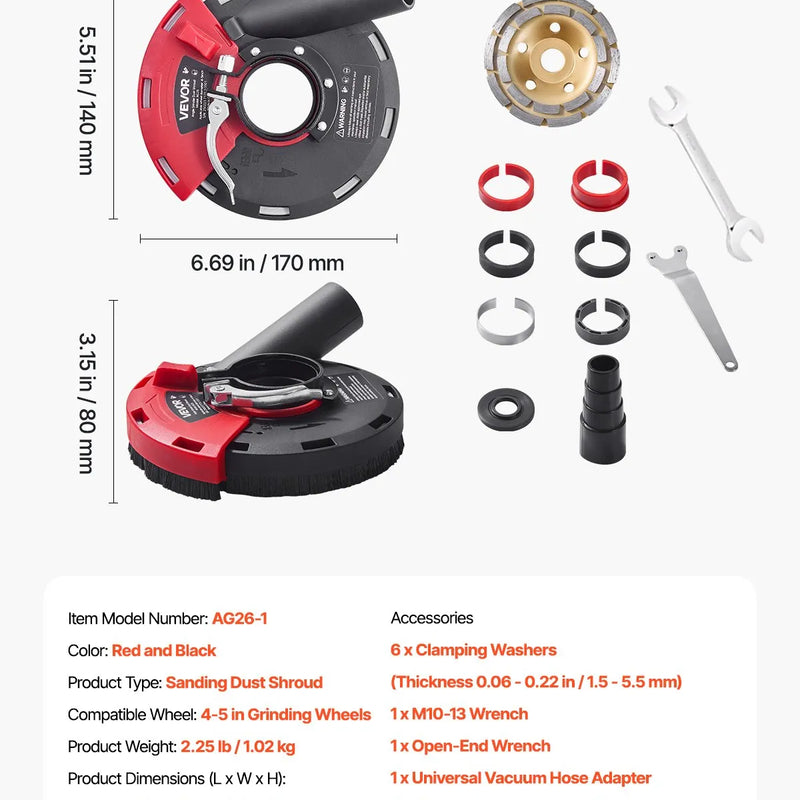 VEVOR slīpēšanas putekļu pārsegs leņķa slīpmašīnai, universāls 100–125 mm, virsmas slīpēšanas putekļu pārsegs ar 6 stiprinājuma paplāksnēm un 125 mm dimanta slīpripu, savienojams ar putekļsūcēju, kokam, betonam, sienām
