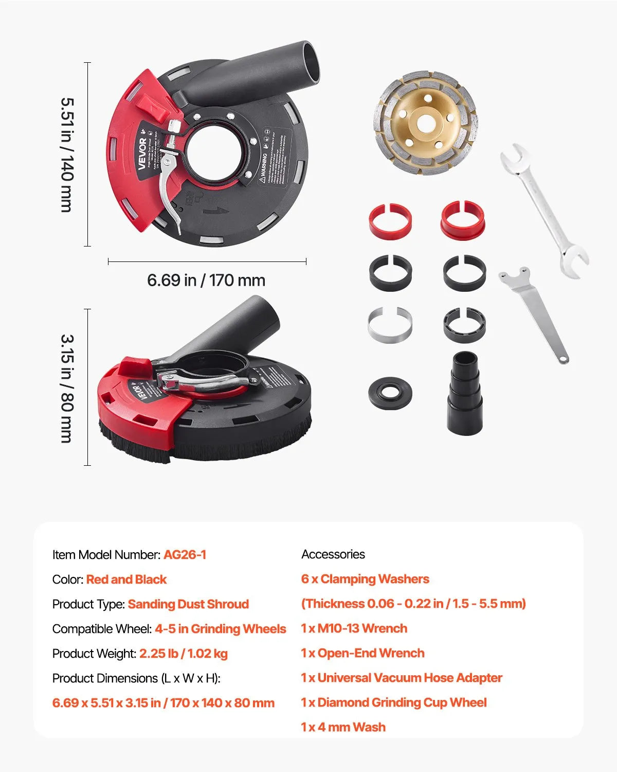 VEVOR Angle Grinder Dust Shroud 100–125 mm with 125 mm Diamond Grinding Wheel