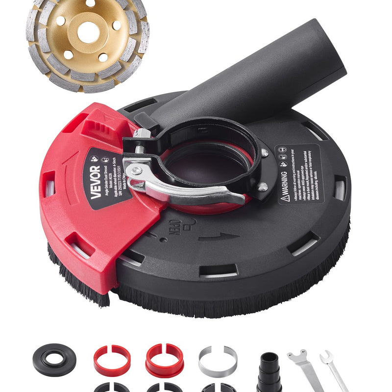 VEVOR slīpēšanas putekļu pārsegs leņķa slīpmašīnai, universāls 100–125 mm, virsmas slīpēšanas putekļu pārsegs ar 6 stiprinājuma paplāksnēm un 125 mm dimanta slīpripu, savienojams ar putekļsūcēju, kokam, betonam, sienām
