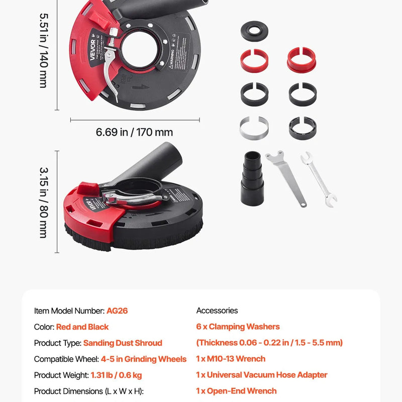VEVOR slīpēšanas putekļu pārsegs leņķa slīpmašīnai, universāls 10,2–12,7 cm, virsmas slīpmašīnas putekļu pārsegs ar 6 stiprinājuma paplāksnēm, savienojams ar putekļsūcēju, piemērots koka, betona, sienu un akmens slīpēšanai
