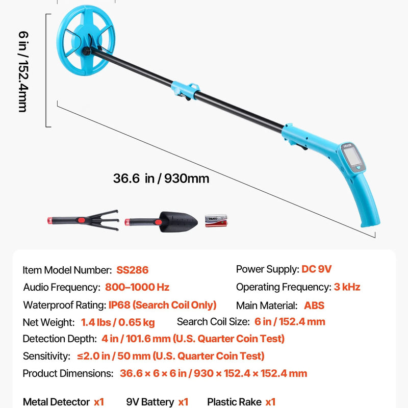 VEVOR metāla detektors ar 101,6 mm displeju, viegls, ar LCD ekrānu un 152,4 mm IP68 ūdensizturīgu meklēšanas spoli, regulējams 650–930 mm, piemērots zelta meklēšanai