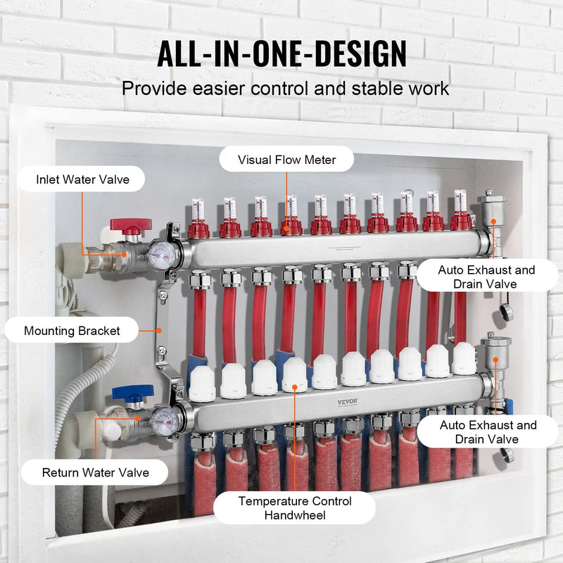 VEVOR 10 zaru starojuma apkures kolektors, 1,27 cm PEX cauruļu grīdas apkures kolektora komplekts