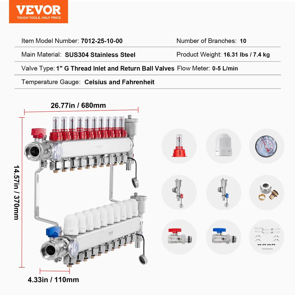 VEVOR Warm Floor Manifold 10 Branches, 1/2 Inch PEX, Stainless Steel, with Adapters