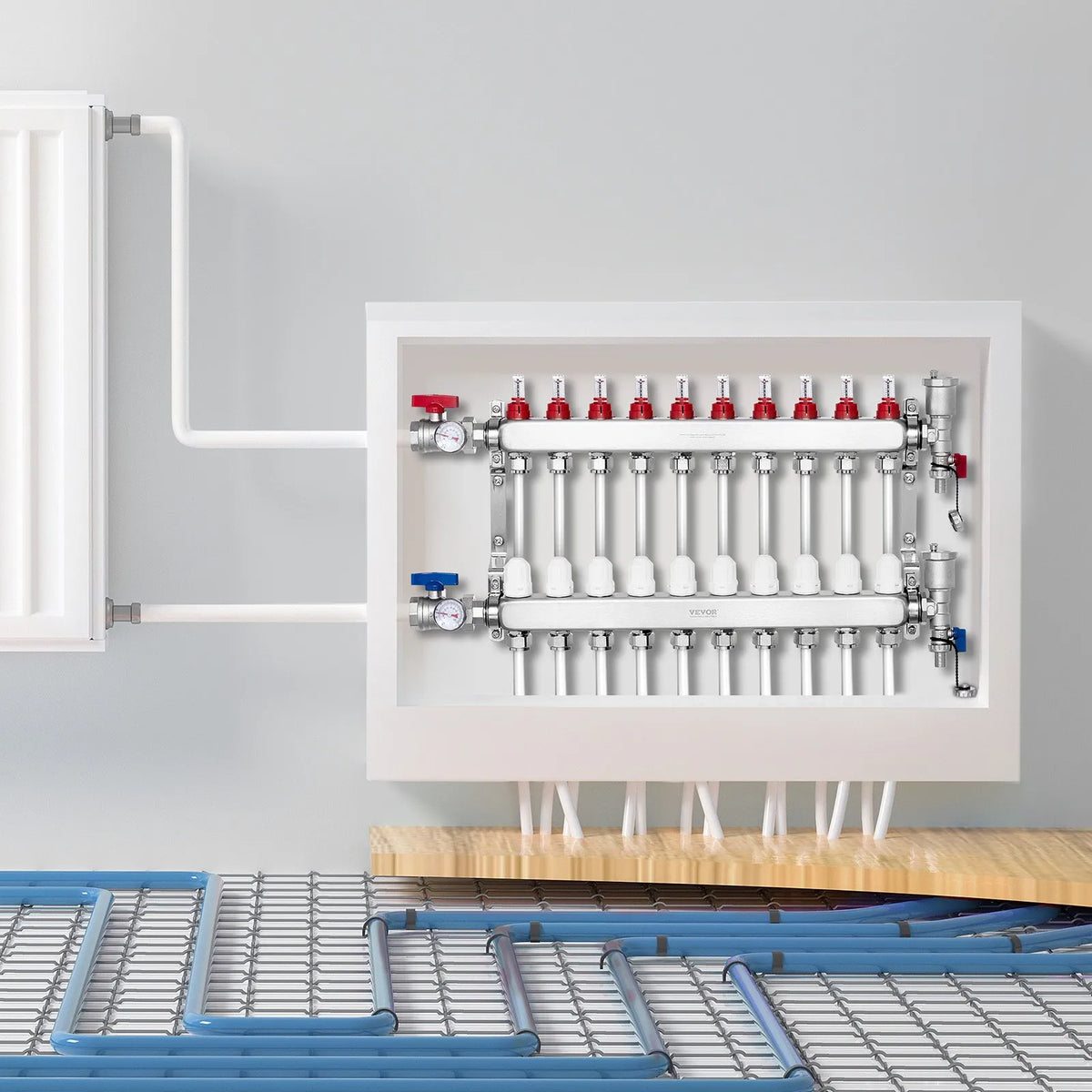 VEVOR Warm Floor Manifold 10 Branches, 1/2 Inch PEX, Stainless Steel, with Adapters