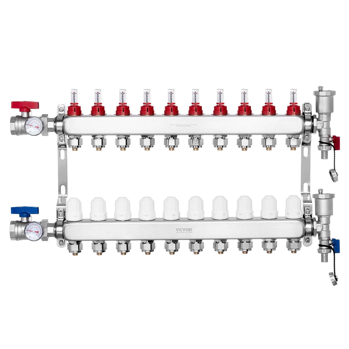 VEVOR Warm Floor Manifold 10 Branches, 1/2 Inch PEX, Stainless Steel, with Adapters