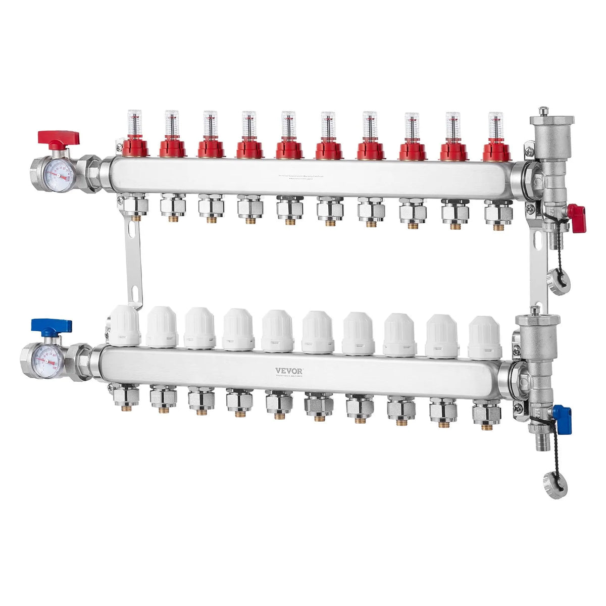VEVOR Warm Floor Manifold 10 Branches, 1/2 Inch PEX, Stainless Steel, with Adapters