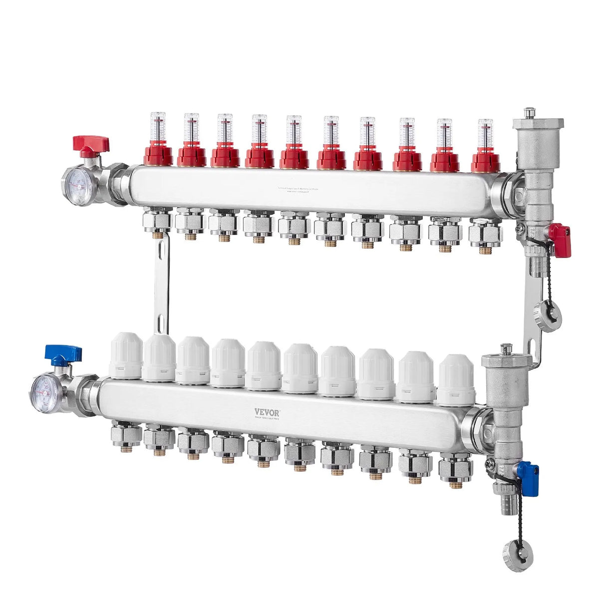 VEVOR Warm Floor Manifold 10 Branches, 1/2 Inch PEX, Stainless Steel, with Adapters