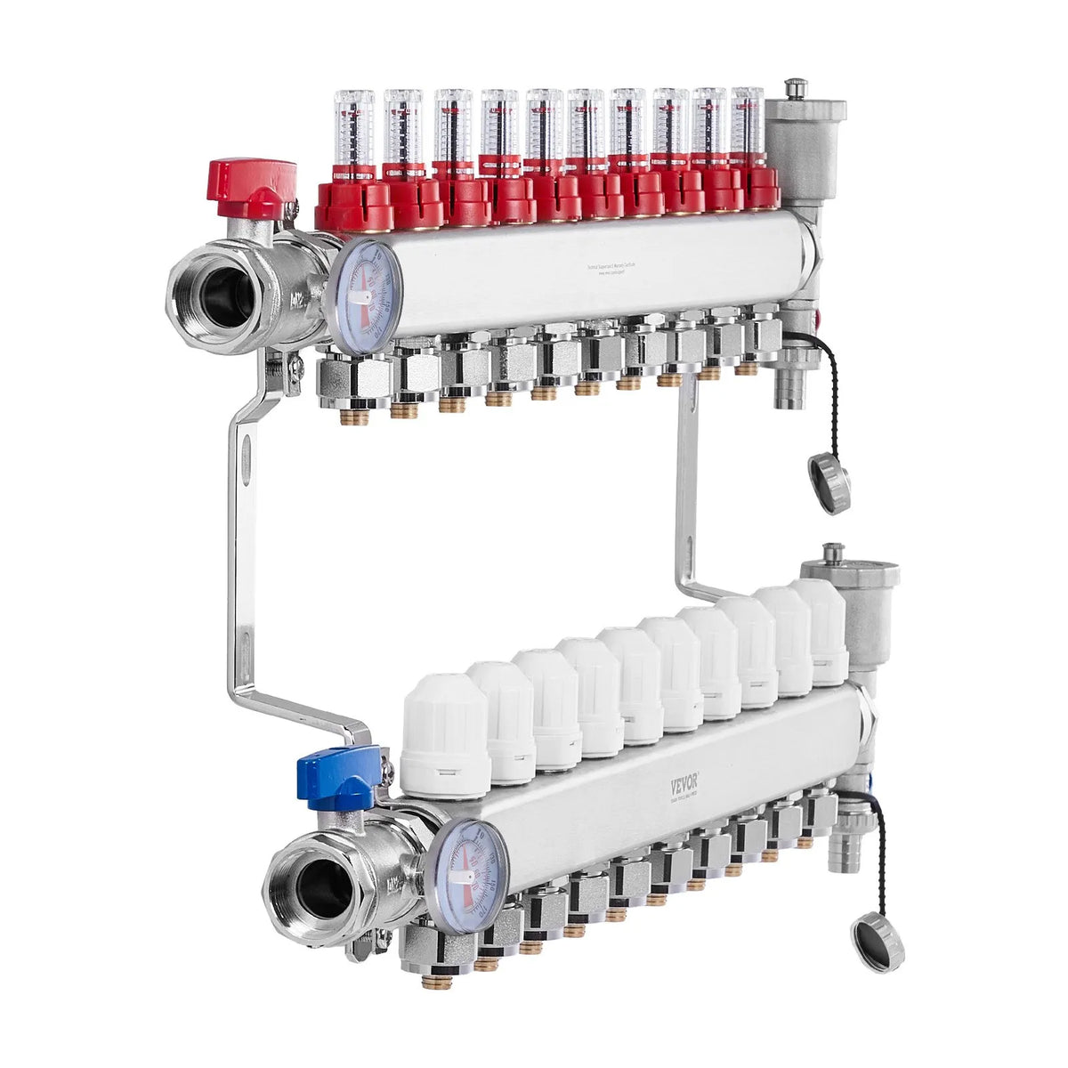 VEVOR Warm Floor Manifold 10 Branches, 1/2 Inch PEX, Stainless Steel, with Adapters