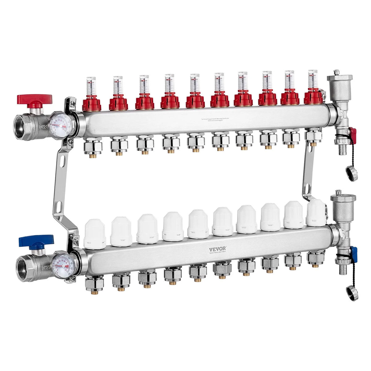 VEVOR Warm Floor Manifold 10 Branches, 1/2 Inch PEX, Stainless Steel, with Adapters