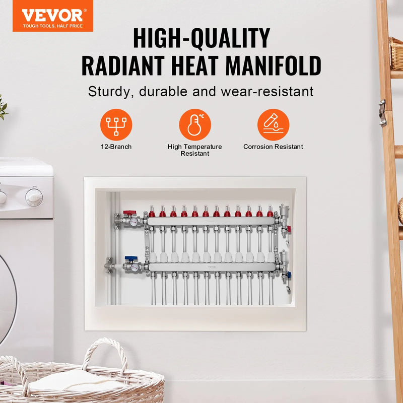 VEVOR 12 zaru starojuma apkures kolektors, 12,7 mm PEX cauruļu kolektors no nerūsējošā tērauda hidrauliskajai grīdas apkurei, PEX kolektora komplekts ar 12,7 mm adapteriem