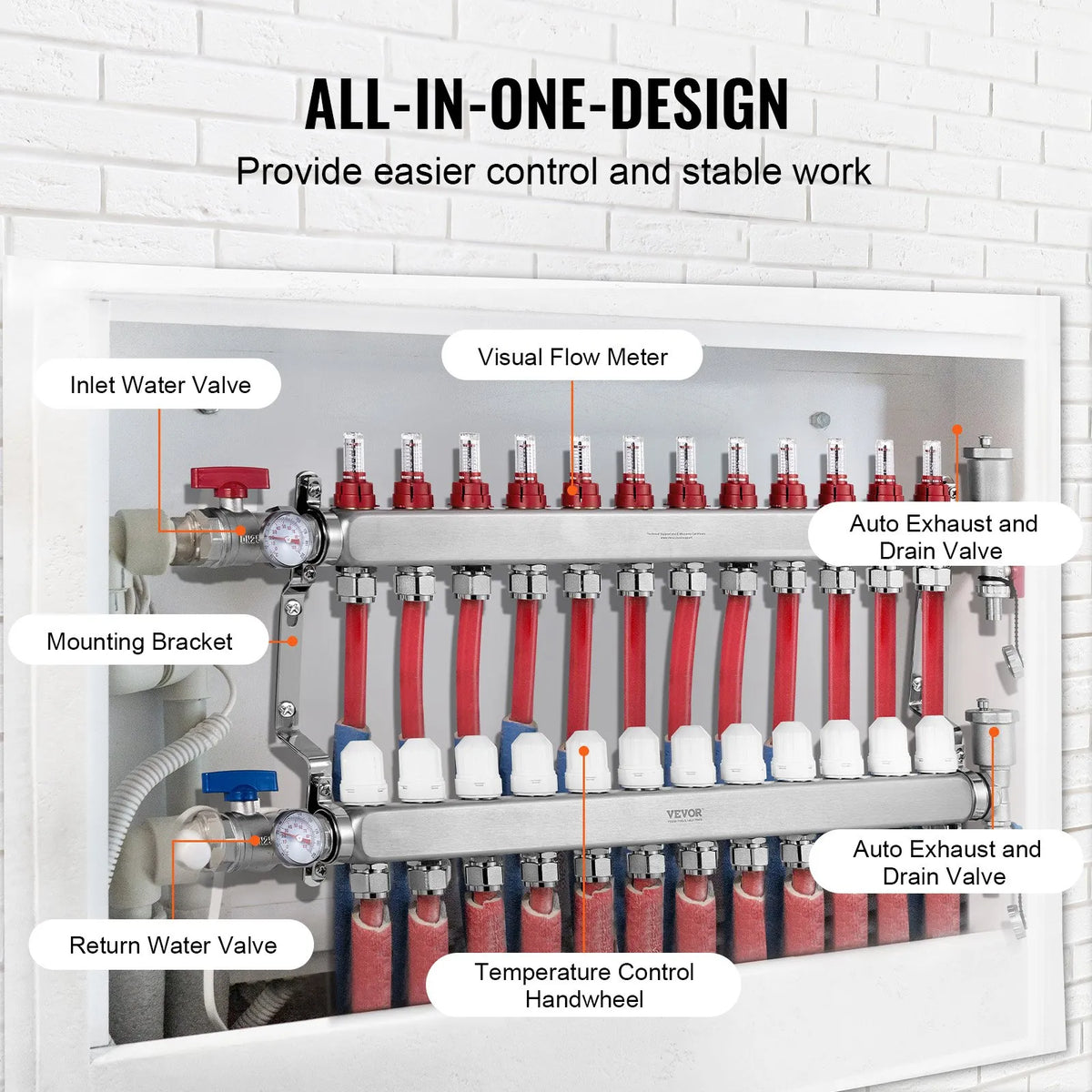 VEVOR Warm Floor Manifold 12 Branches, 1/2 Inch PEX, Stainless Steel, with Adapters