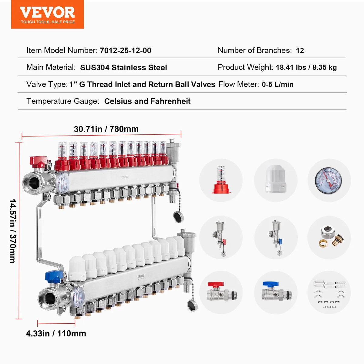 VEVOR Warm Floor Manifold 12 Branches, 1/2 Inch PEX, Stainless Steel, with Adapters