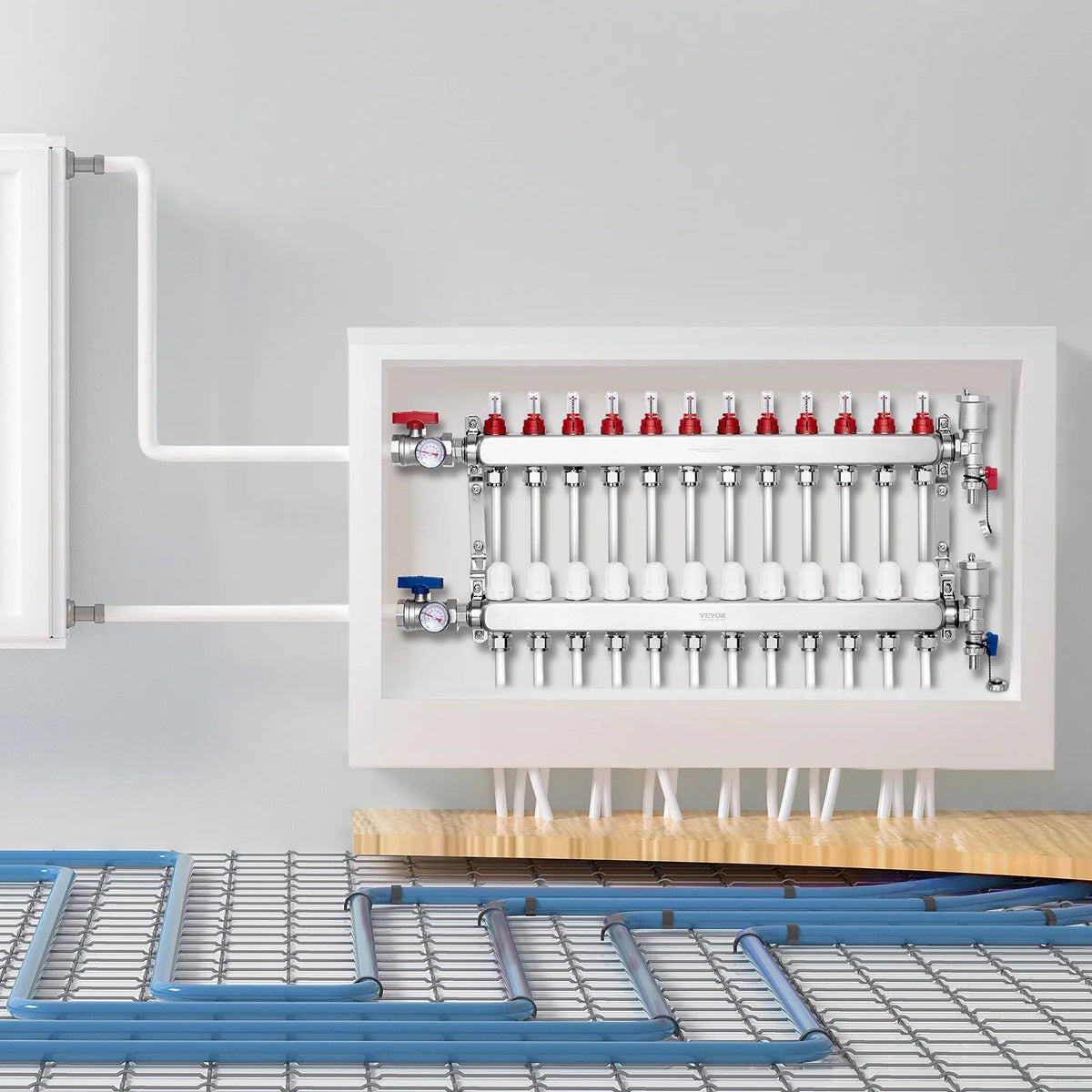 VEVOR Warm Floor Manifold 12 Branches, 1/2 Inch PEX, Stainless Steel, with Adapters