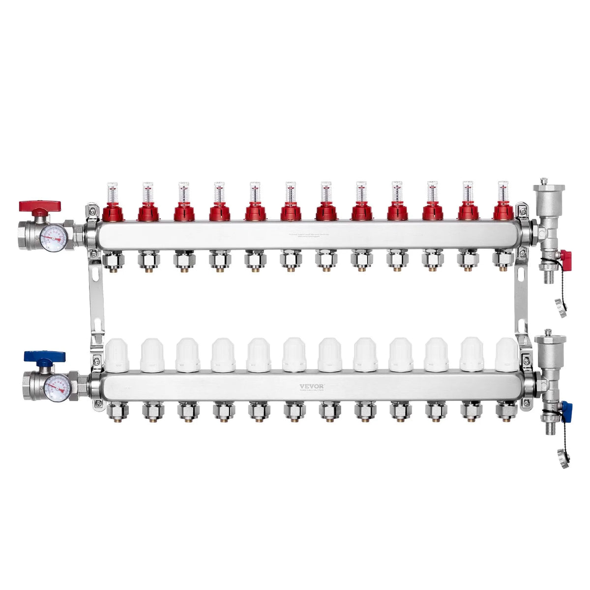 VEVOR Warm Floor Manifold 12 Branches, 1/2 Inch PEX, Stainless Steel, with Adapters