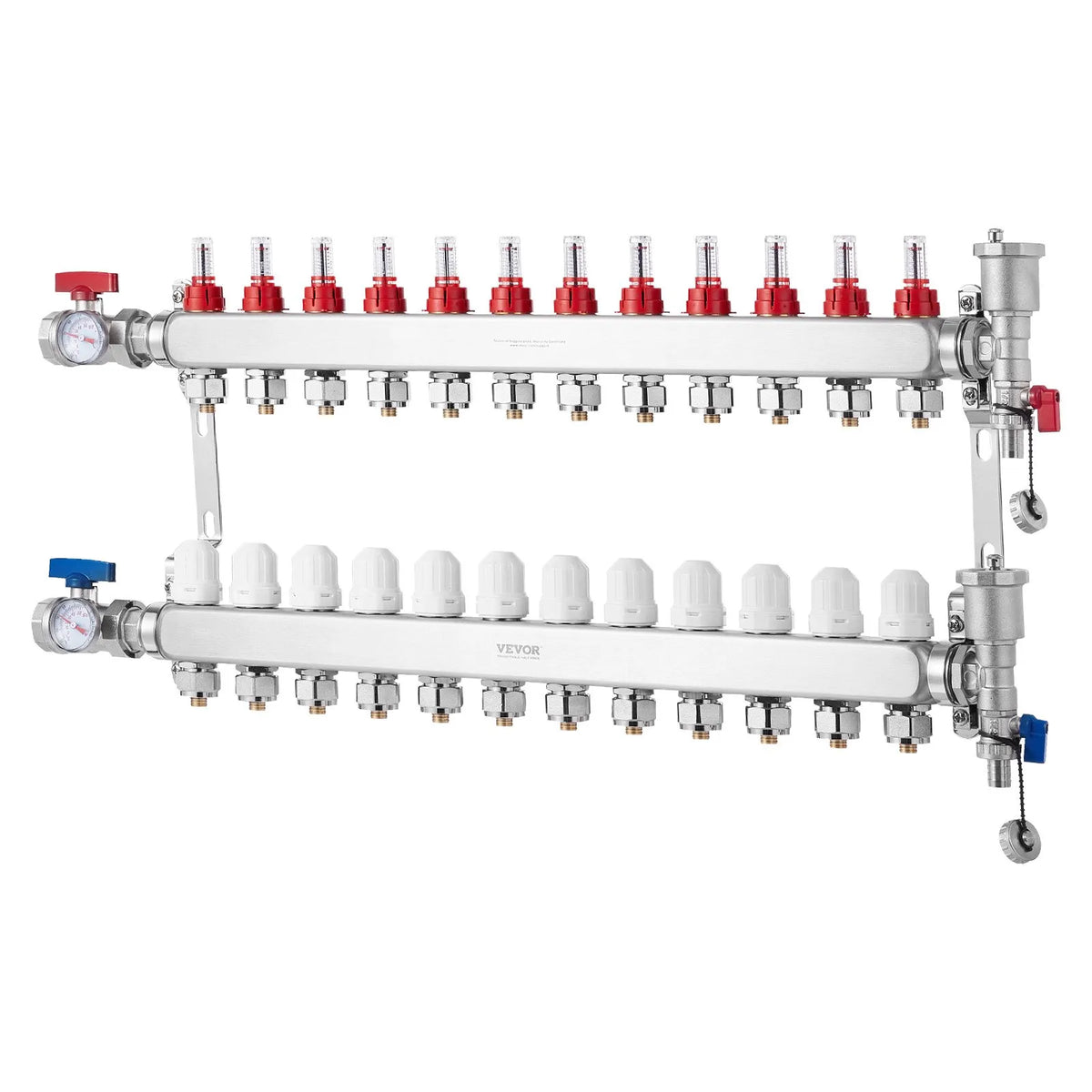 VEVOR Warm Floor Manifold 12 Branches, 1/2 Inch PEX, Stainless Steel, with Adapters