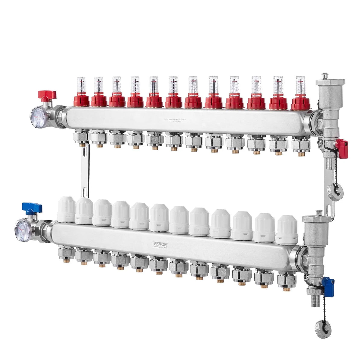 VEVOR Warm Floor Manifold 12 Branches, 1/2 Inch PEX, Stainless Steel, with Adapters