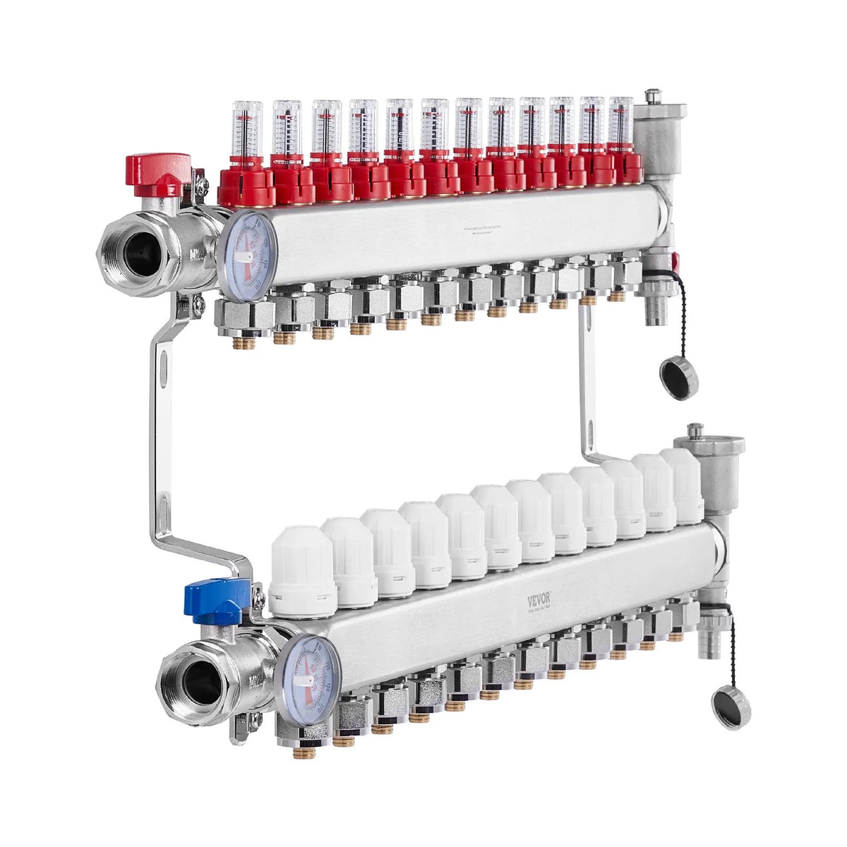 VEVOR Warm Floor Manifold 12 Branches, 1/2 Inch PEX, Stainless Steel, with Adapters