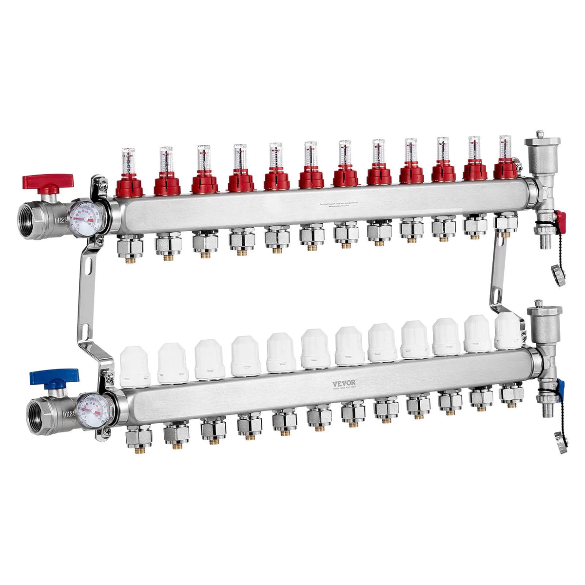VEVOR Warm Floor Manifold 12 Branches, 1/2 Inch PEX, Stainless Steel, with Adapters
