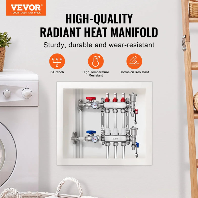 VEVOR 3 zaru starojuma apkures kolektors, 12,7 mm PEX cauruļu kolektors no nerūsējošā tērauda hidrauliskajai grīdas apkurei, PEX kolektora komplekts ar 12,7 mm adapteriem