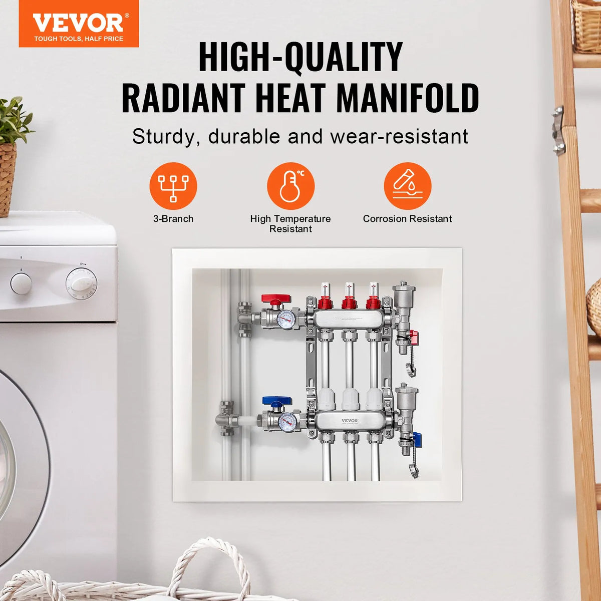 VEVOR Warm Floor Manifold 3 Branches, 1/2 Inch PEX, Stainless Steel, with Adapters