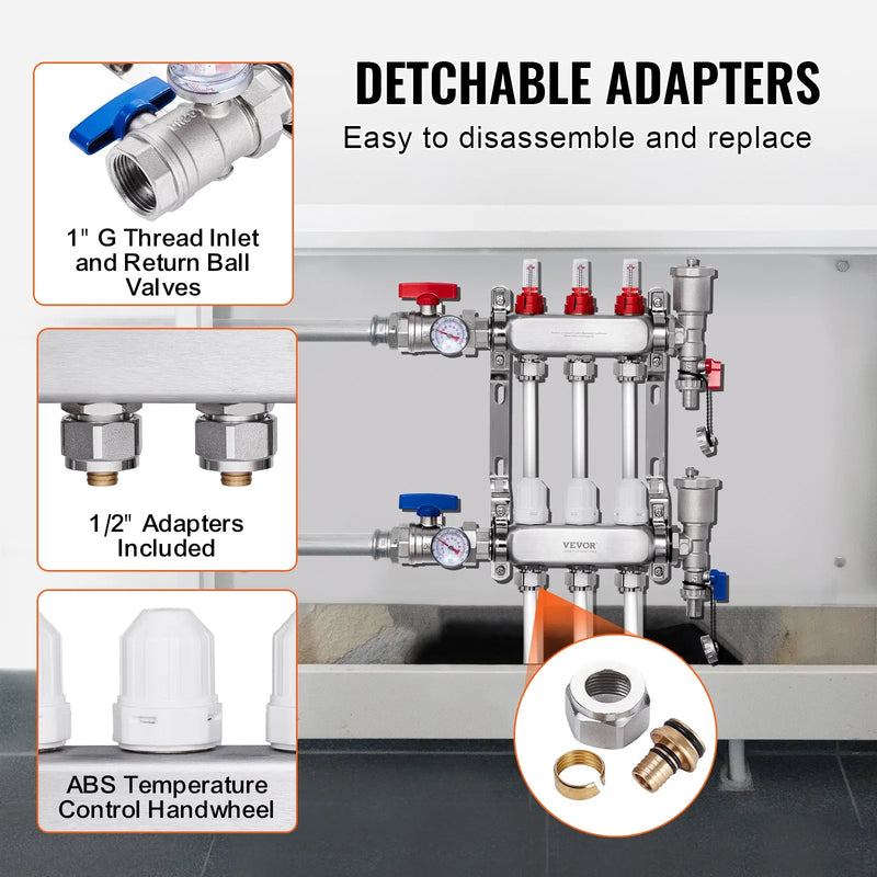 VEVOR 3 zaru starojuma apkures kolektors, 12,7 mm PEX cauruļu kolektors no nerūsējošā tērauda hidrauliskajai grīdas apkurei, PEX kolektora komplekts ar 12,7 mm adapteriem