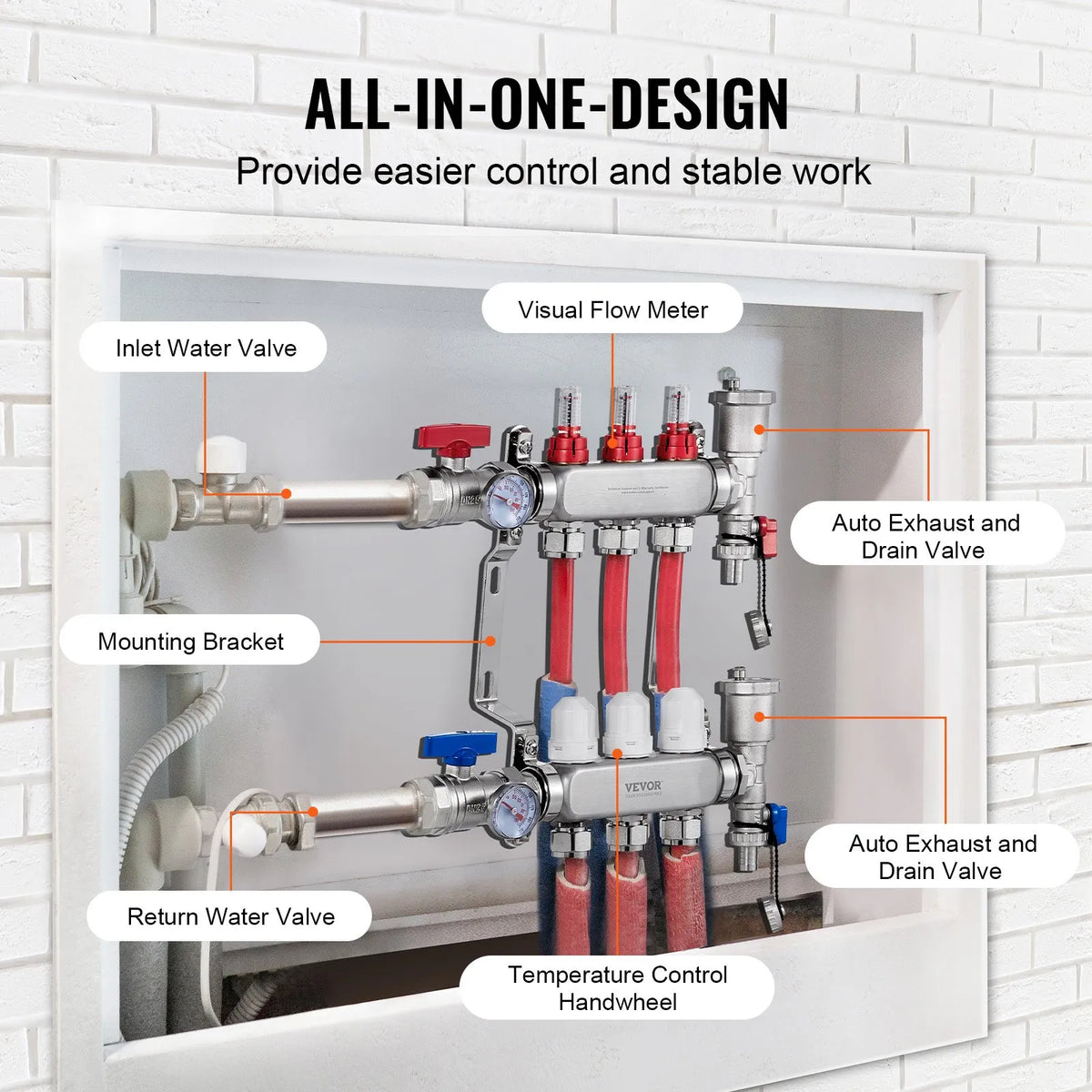 VEVOR Warm Floor Manifold 3 Branches, 1/2 Inch PEX, Stainless Steel, with Adapters