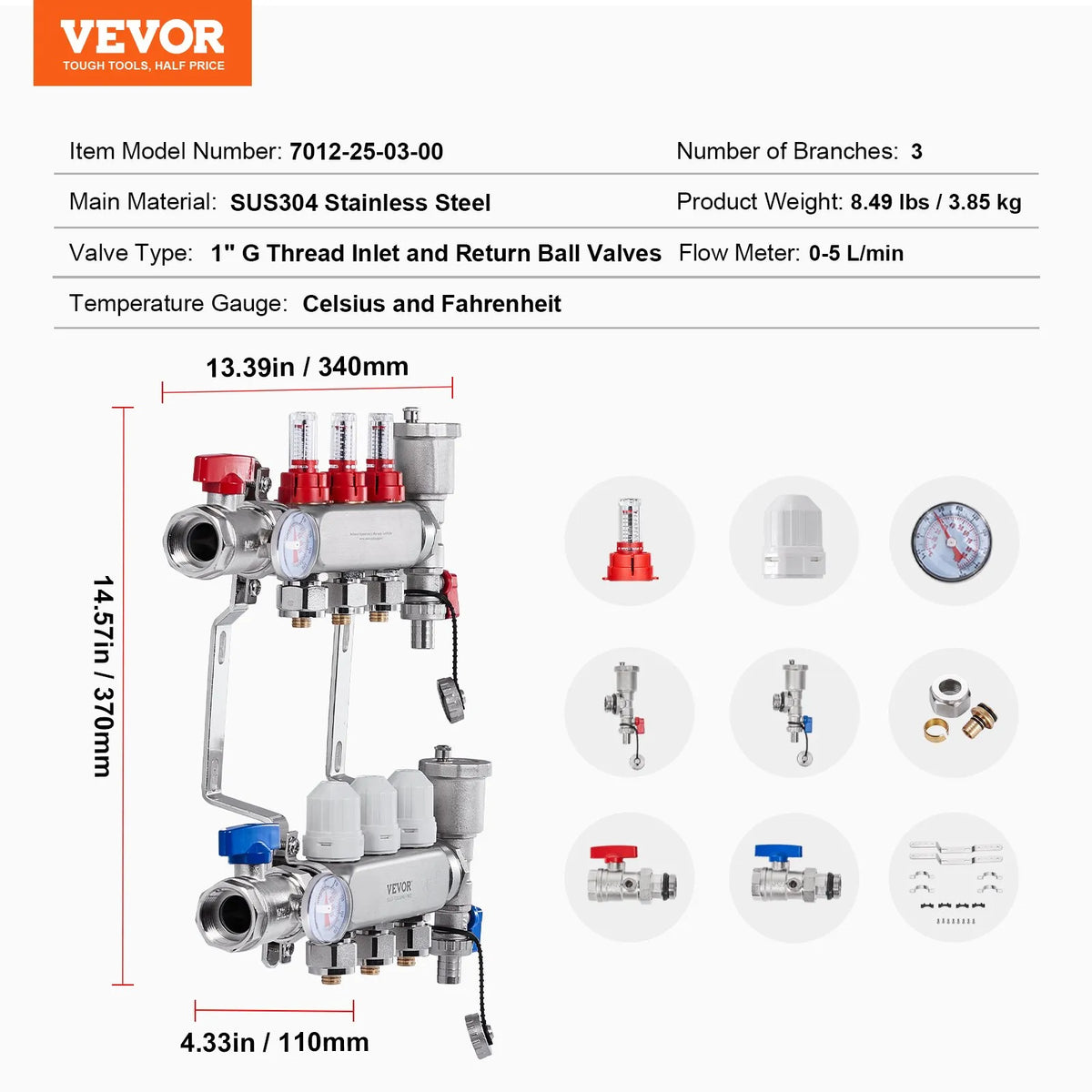 VEVOR Warm Floor Manifold 3 Branches, 1/2 Inch PEX, Stainless Steel, with Adapters