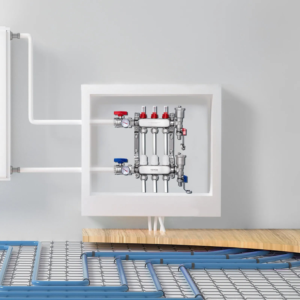VEVOR Warm Floor Manifold 3 Branches, 1/2 Inch PEX, Stainless Steel, with Adapters