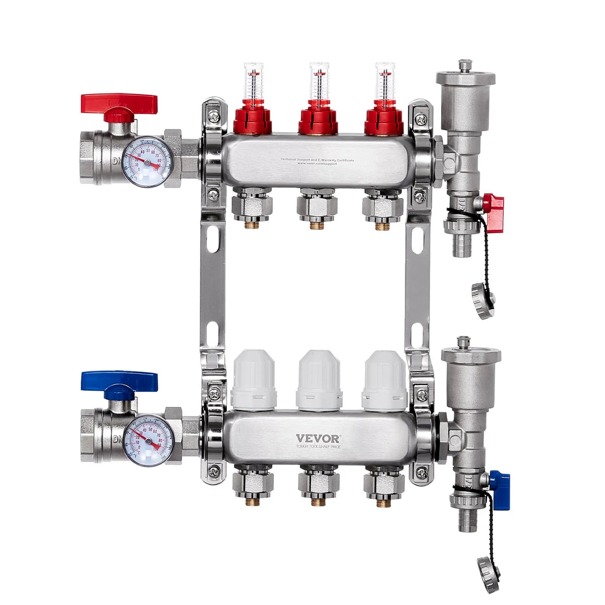 VEVOR Warm Floor Manifold 3 Branches, 1/2 Inch PEX, Stainless Steel, with Adapters