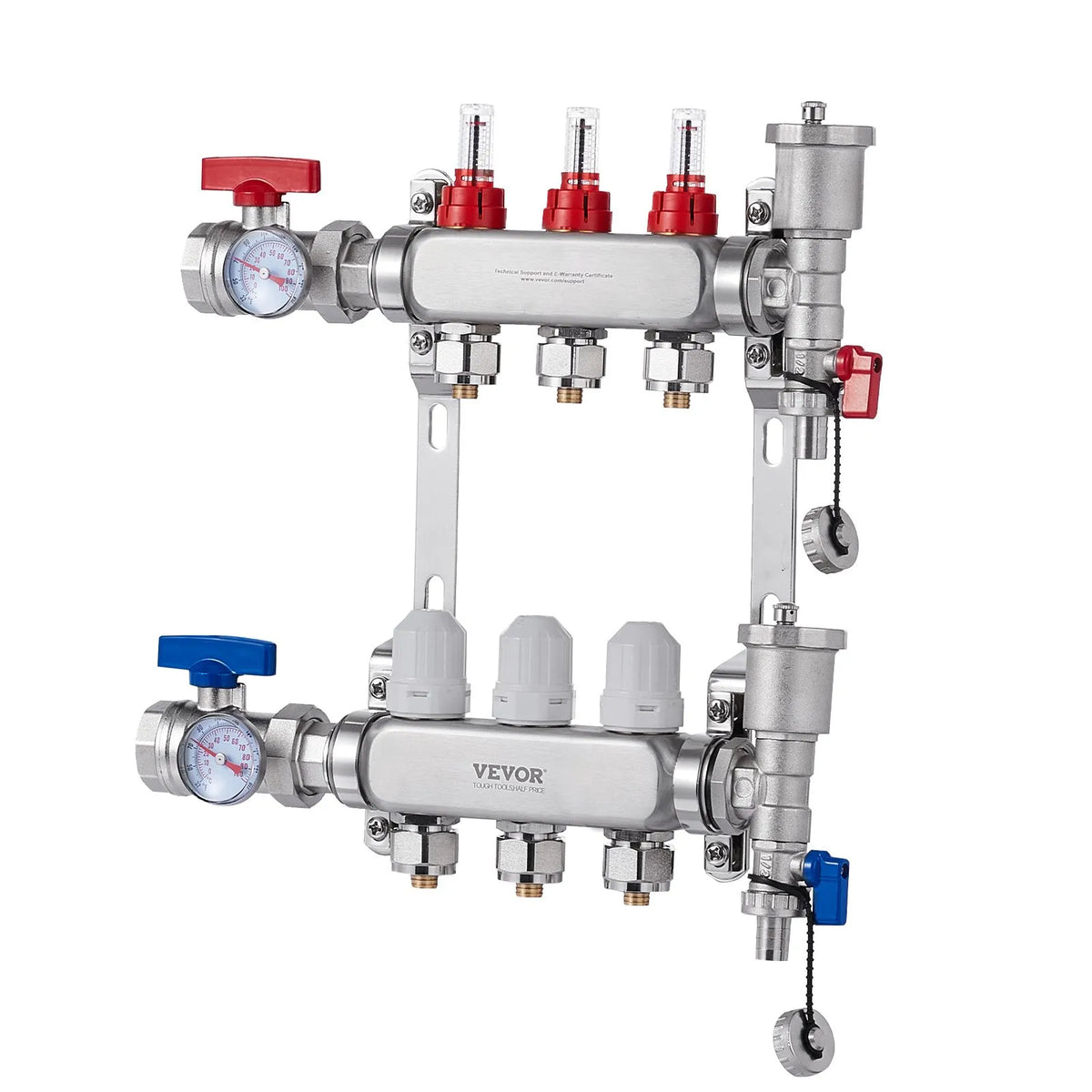 VEVOR Warm Floor Manifold 3 Branches, 1/2 Inch PEX, Stainless Steel, with Adapters