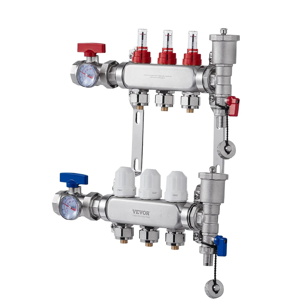 VEVOR Warm Floor Manifold 3 Branches, 1/2 Inch PEX, Stainless Steel, with Adapters