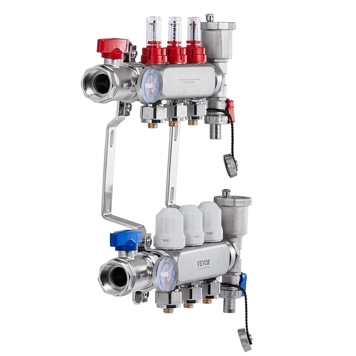 VEVOR Warm Floor Manifold 3 Branches, 1/2 Inch PEX, Stainless Steel, with Adapters