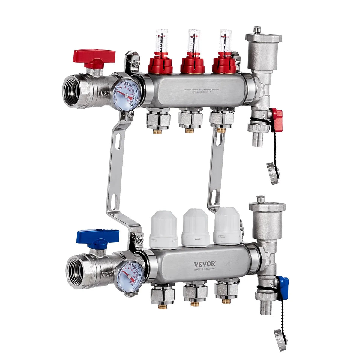 VEVOR Warm Floor Manifold 3 Branches, 1/2 Inch PEX, Stainless Steel, with Adapters
