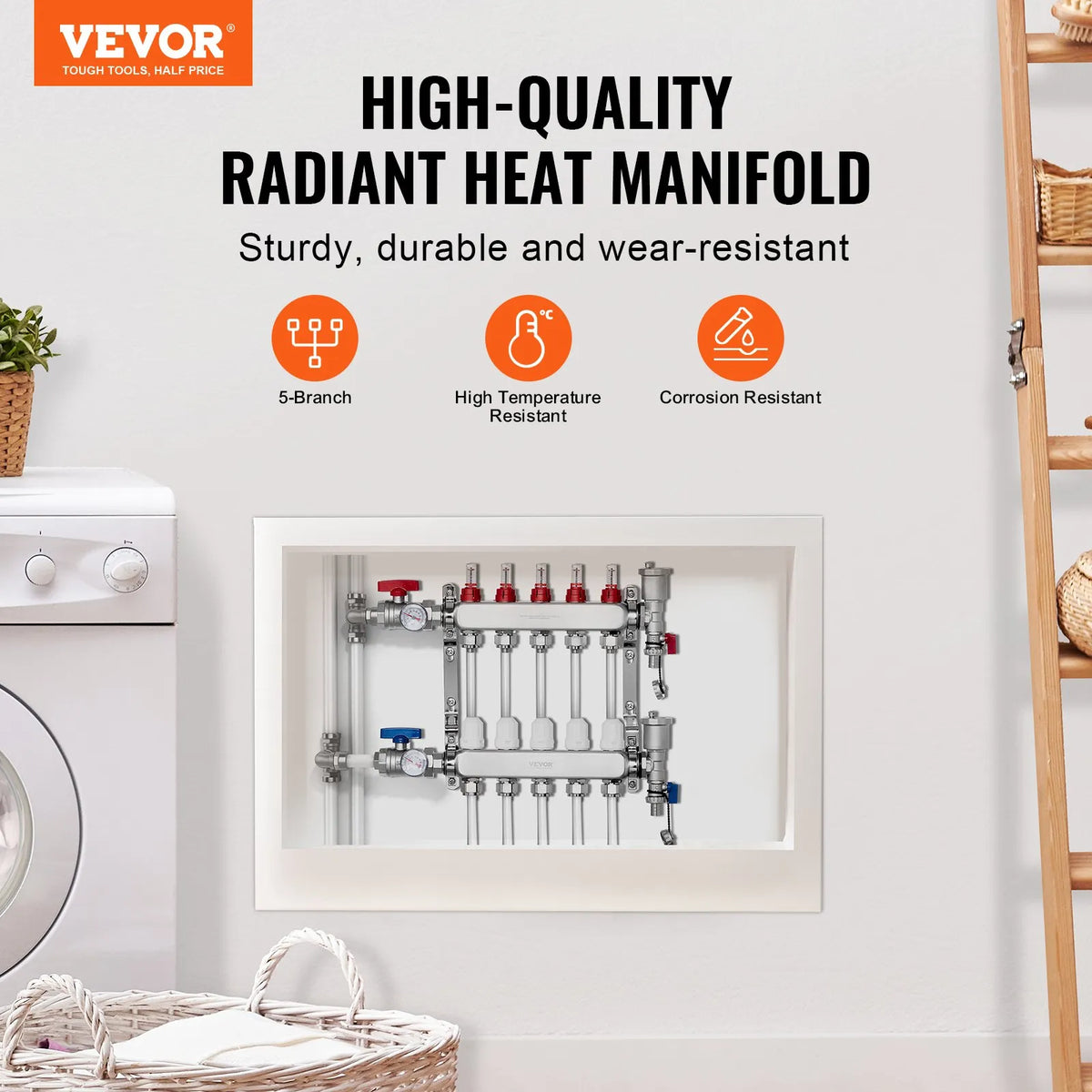 VEVOR Underfloor Heating Manifold 5 Branches, 1/2 inch PEX, Stainless Steel, with Adapters