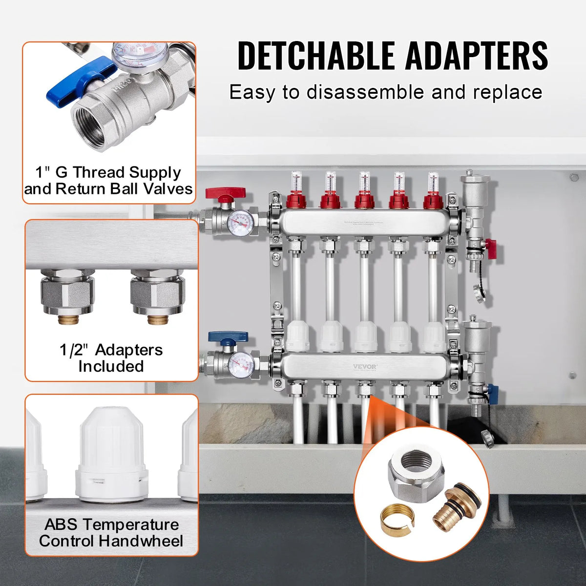 VEVOR Underfloor Heating Manifold 5 Branches, 1/2 inch PEX, Stainless Steel, with Adapters