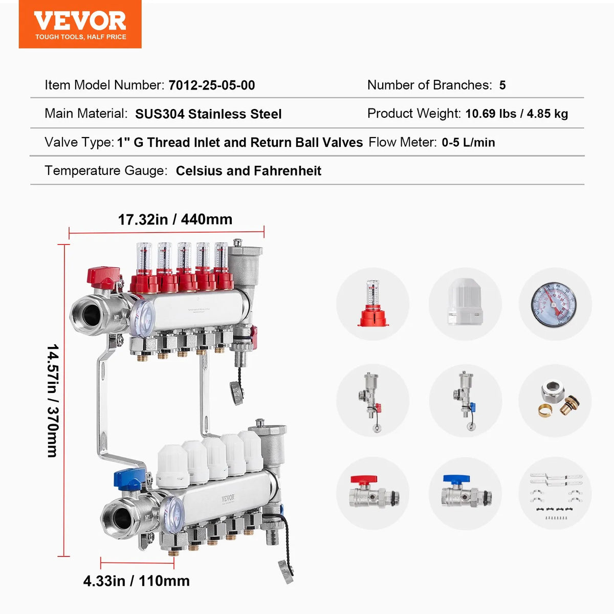 VEVOR Underfloor Heating Manifold 5 Branches, 1/2 inch PEX, Stainless Steel, with Adapters