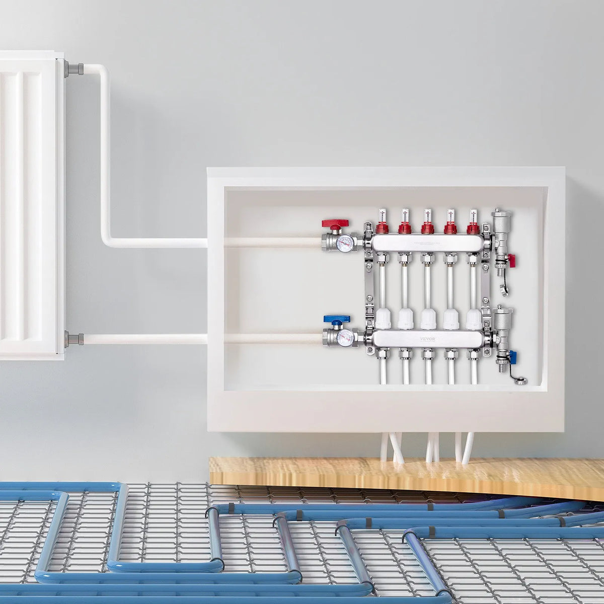 VEVOR Underfloor Heating Manifold 5 Branches, 1/2 inch PEX, Stainless Steel, with Adapters