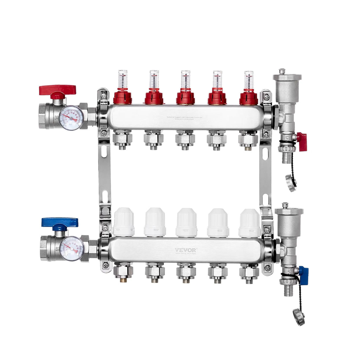 VEVOR Underfloor Heating Manifold 5 Branches, 1/2 inch PEX, Stainless Steel, with Adapters