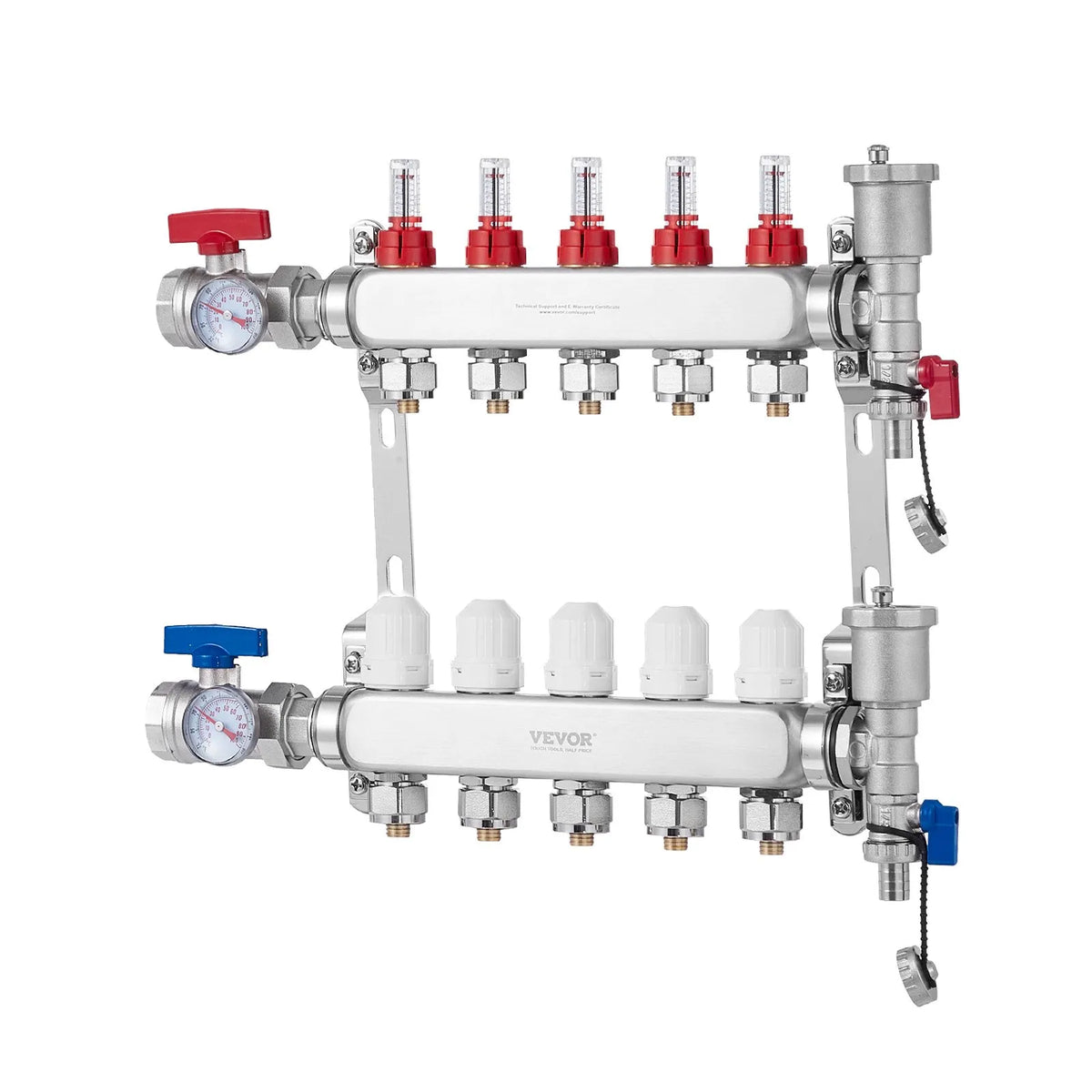 VEVOR Underfloor Heating Manifold 5 Branches, 1/2 inch PEX, Stainless Steel, with Adapters