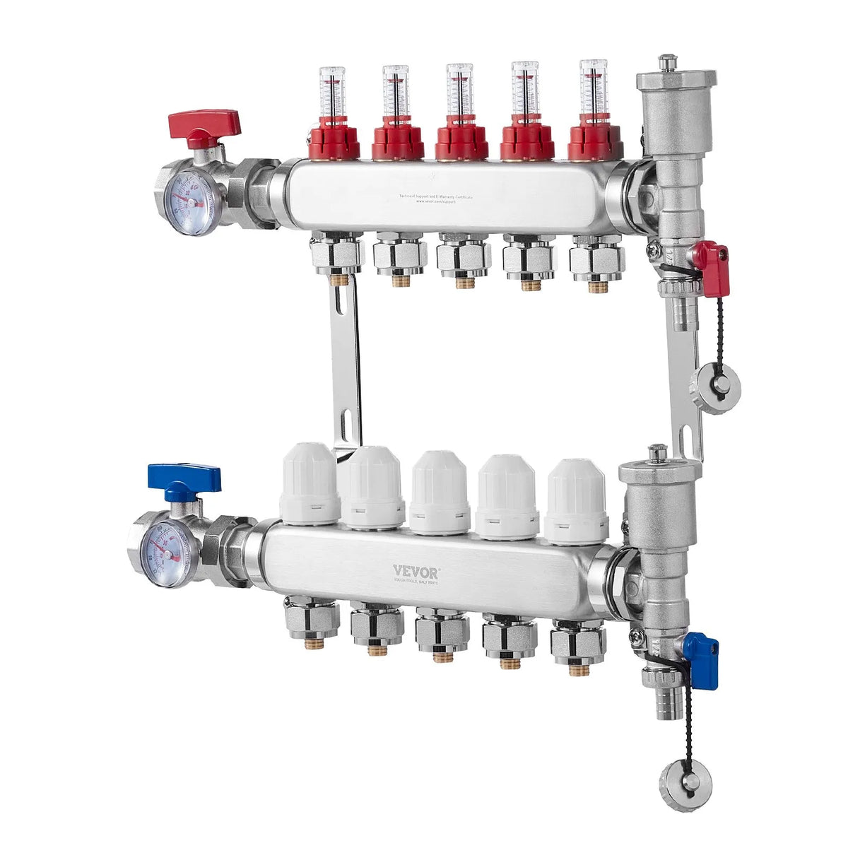 VEVOR Underfloor Heating Manifold 5 Branches, 1/2 inch PEX, Stainless Steel, with Adapters