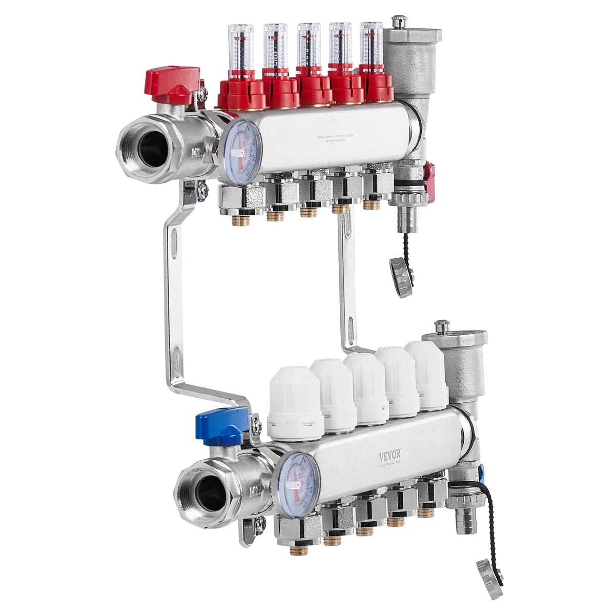 VEVOR Underfloor Heating Manifold 5 Branches, 1/2 inch PEX, Stainless Steel, with Adapters