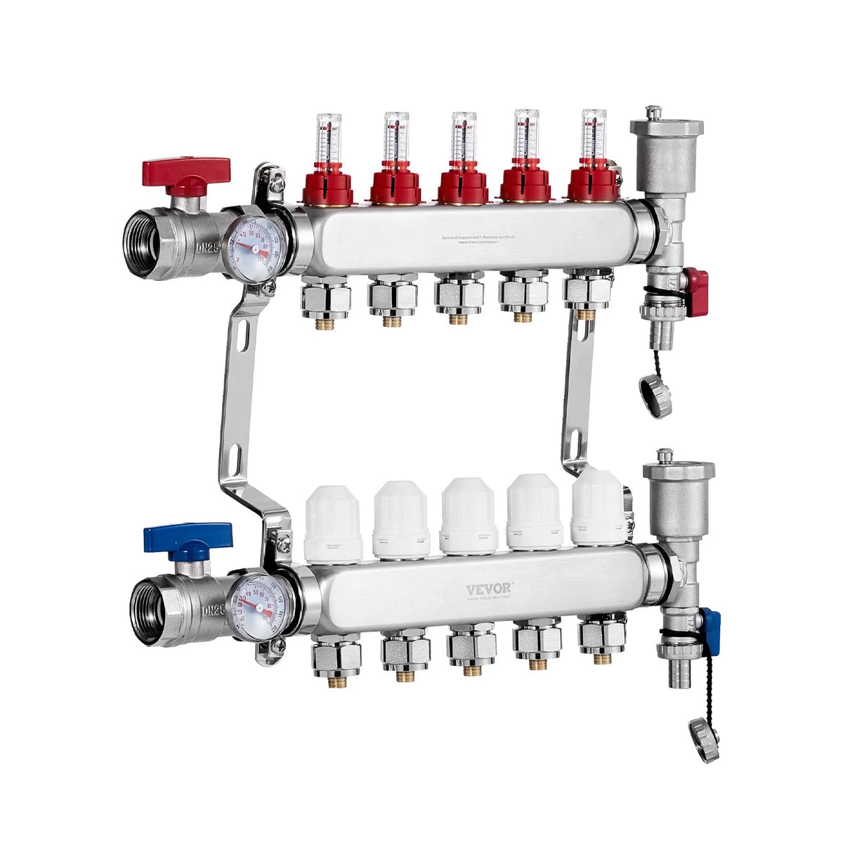 VEVOR Underfloor Heating Manifold 5 Branches, 1/2 inch PEX, Stainless Steel, with Adapters