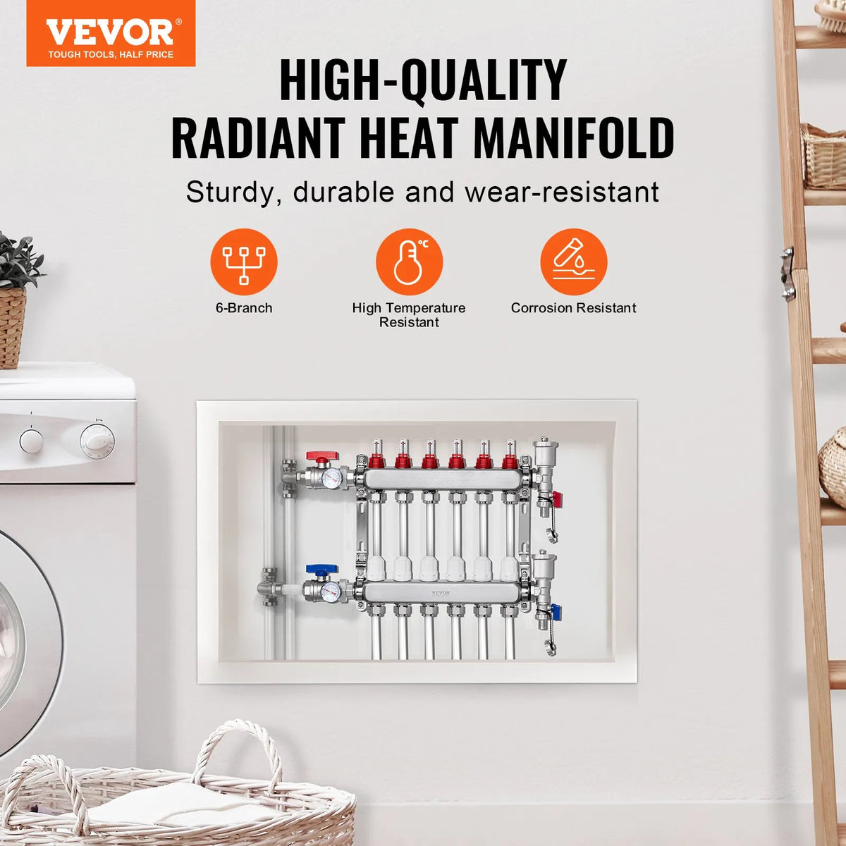 VEVOR Warm Floor Manifold 6 Branches, 1/2 Inch PEX, Stainless Steel, with Adapters