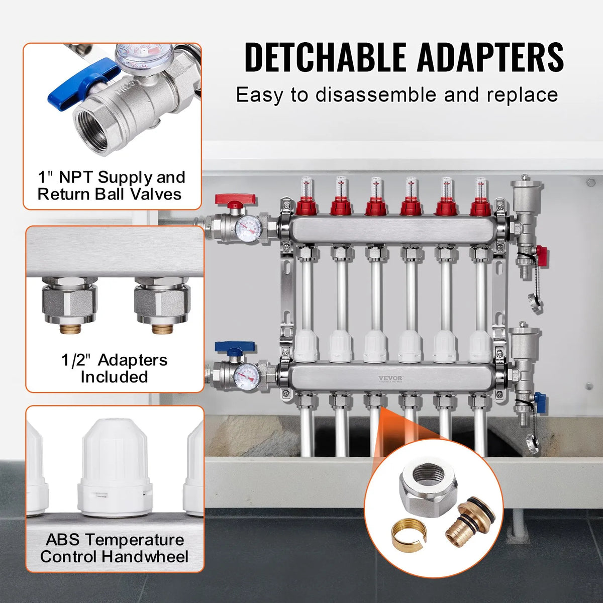 VEVOR Warm Floor Manifold 6 Branches, 1/2 Inch PEX, Stainless Steel, with Adapters