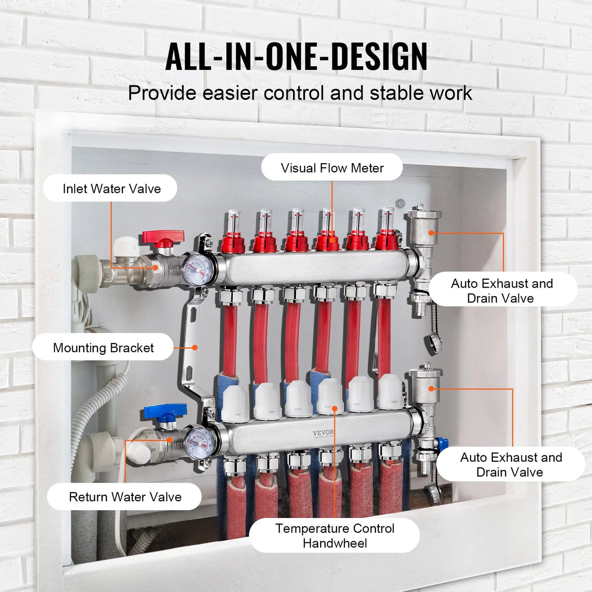 VEVOR Warm Floor Manifold 6 Branches, 1/2 Inch PEX, Stainless Steel, with Adapters