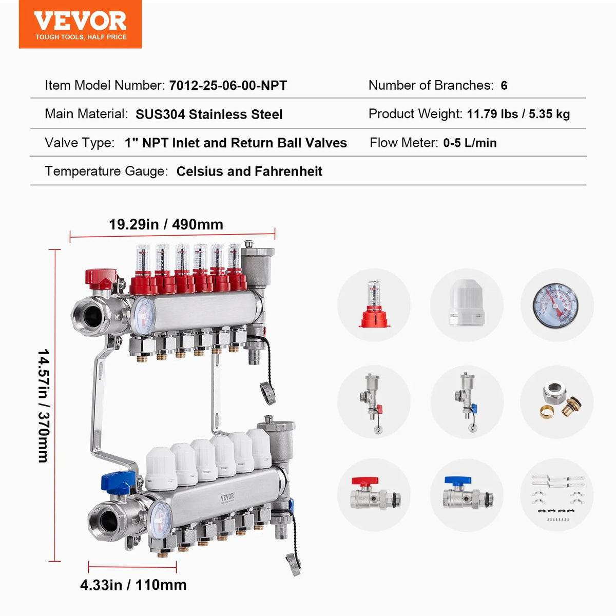 VEVOR Warm Floor Manifold 6 Branches, 1/2 Inch PEX, Stainless Steel, with Adapters