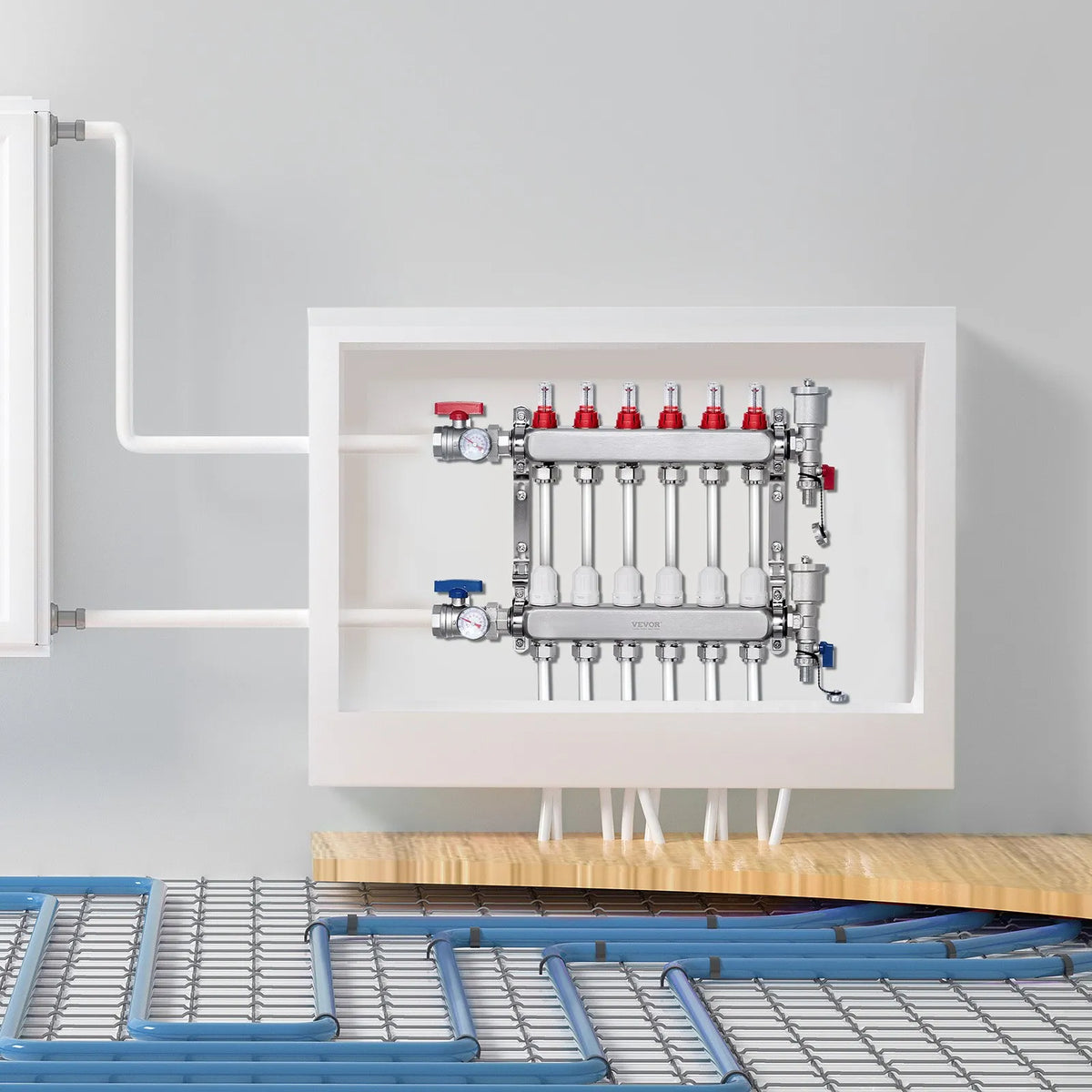 VEVOR Warm Floor Manifold 6 Branches, 1/2 Inch PEX, Stainless Steel, with Adapters