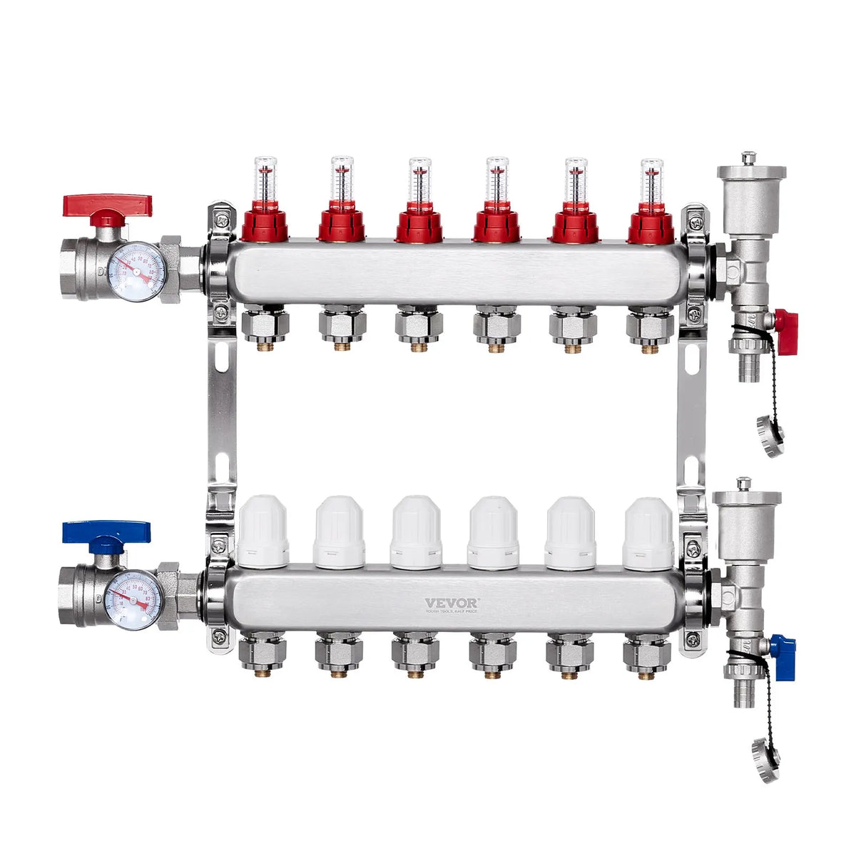 VEVOR Warm Floor Manifold 6 Branches, 1/2 Inch PEX, Stainless Steel, with Adapters