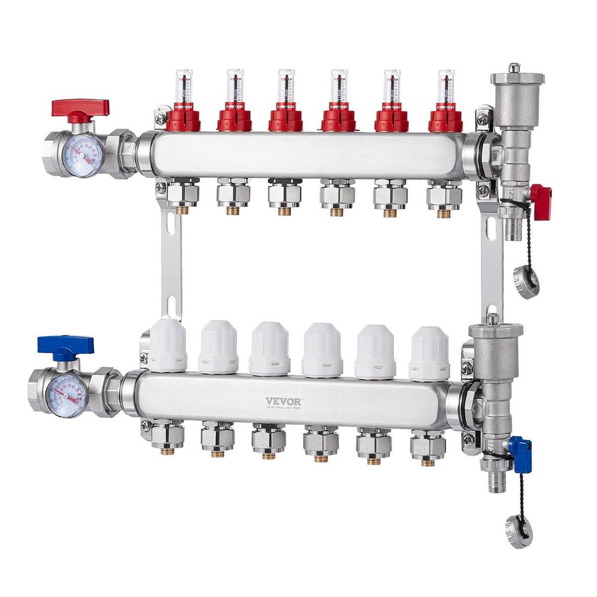 VEVOR Warm Floor Manifold 6 Branches, 1/2 Inch PEX, Stainless Steel, with Adapters